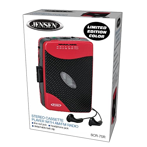 Jensen Portable Stereo Cassette Player with AM/FM Radio + Sport Earbuds (Red) - Exclusive