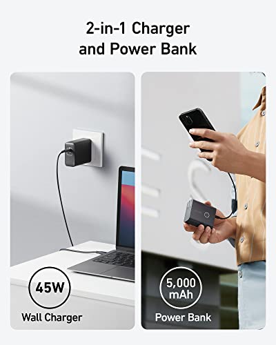 Anker 45W Wall Charger with 5,000mAh 20W Portable Charger, 521 Power Bank (PowerCore Fusion), Dual-Port USB-C for iPhone 14/13 Series, iPad Pro, AirPods, Apple Watch (Phantom Black)