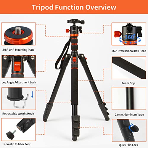 Nietoto New Professional Camera Tripod, Aluminum Travel Tripod for Camera, DSLR Camema Tripod, Compact Professional Camera Tripod Monopod with 360 Panorama Ball Head, 1/4 QR Plate, Carry Bag