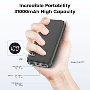 New 31000mAh Dual USB Portable Charger, LCD Display Power Bank with USB C Input Backup Charger for iPhone 6S 7 8 X XS XR 11 12 13, Galaxy S10 S21, Pixel 6 etc