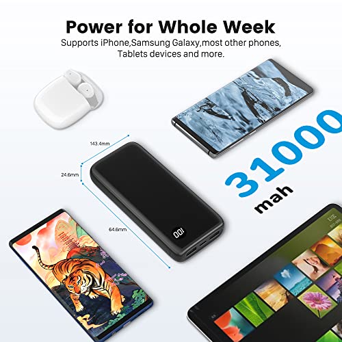 New 31000mAh Dual USB Portable Charger, LCD Display Power Bank with USB C Input Backup Charger for iPhone 6S 7 8 X XS XR 11 12 13, Galaxy S10 S21, Pixel 6 etc