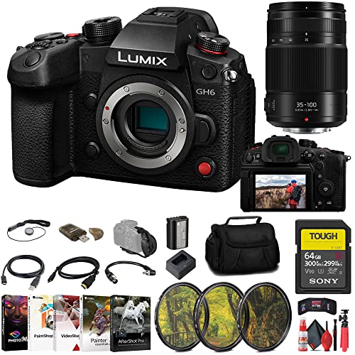 Panasonic Lumix GH6 Mirrorless Camera (DC-GH6BODY) + Panasonic 25mm Lens + Sony 64GB Tough SD Card + Filter Kit + Card Reader + Corel Photo Software + Case + Flex Tripod + Hand Strap + More