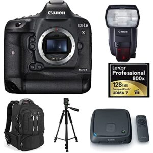 canon eos-1d x mark ii digital slr camera, flash, cardm, and accessories bundle – includes camera, flash, memory cards, storage hub, backpack, and tripod