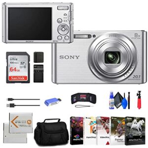 sony dsc-w830 digital camera (silver) (dsc-w830) + np-bn1 battery + case + charger + 64gb card + card reader + corel photo software + flex tripod + micro usb cable + memory wallet + cleaning kit