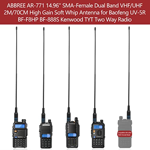 ABBREE AR-771 14.96Inch SMA-Female Dual Band VHF/UHF High Gain Soft Whip Antenna for Baofeng UV-5R(All),BF-F8HP, BF-F8TD,UV-82(All) BF-888S UV-10R BF-H6/H7 TP-8Plus Kenwood Two Way Radio