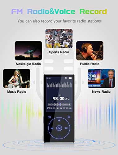 48GB MP3 Player with Bluetooth 5.0: Portable Lossless Sound Music Player with HD Speaker,2.4" Screen Voice Recorder,FM Radio,Touch Buttons,Support up to 64GB for Sport, Earphones Included