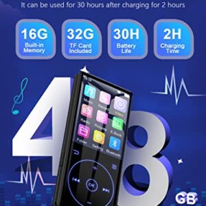 48GB MP3 Player with Bluetooth 5.0: Portable Lossless Sound Music Player with HD Speaker,2.4" Screen Voice Recorder,FM Radio,Touch Buttons,Support up to 64GB for Sport, Earphones Included