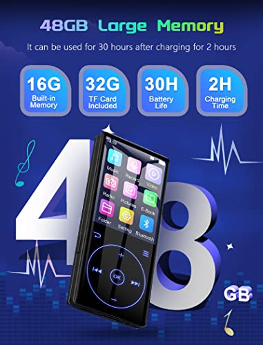 48GB MP3 Player with Bluetooth 5.0: Portable Lossless Sound Music Player with HD Speaker,2.4" Screen Voice Recorder,FM Radio,Touch Buttons,Support up to 64GB for Sport, Earphones Included
