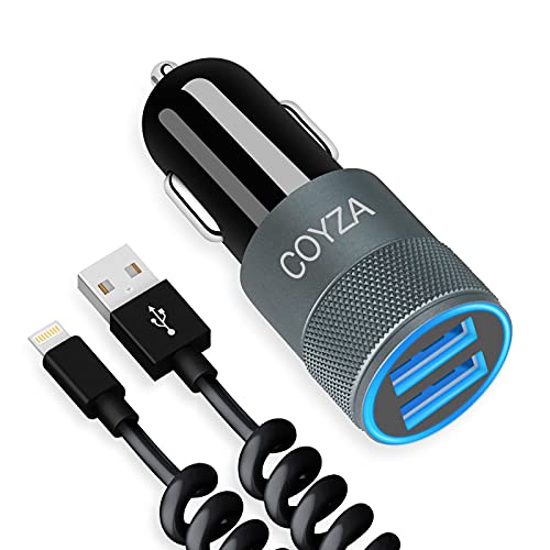 COYZA Fast Car Charger Adapter, Compatible with iPhone 13/12/11/Pro Max/Pro/Mini/X/XS/XS MAX/XR/SE 2020/8 Plus/8/7 Plus/7/6s/6/5/SE, 3.1A Dual USB Ports with Coiled Charging Cable Cord