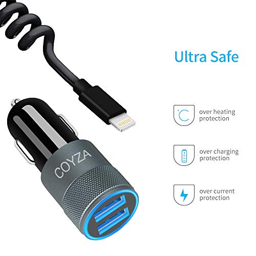 COYZA Fast Car Charger Adapter, Compatible with iPhone 13/12/11/Pro Max/Pro/Mini/X/XS/XS MAX/XR/SE 2020/8 Plus/8/7 Plus/7/6s/6/5/SE, 3.1A Dual USB Ports with Coiled Charging Cable Cord