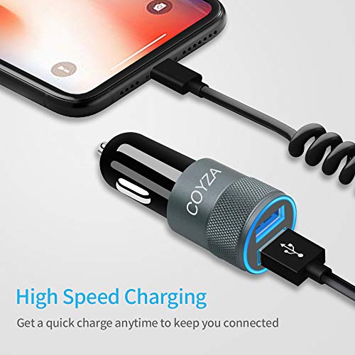 COYZA Fast Car Charger Adapter, Compatible with iPhone 13/12/11/Pro Max/Pro/Mini/X/XS/XS MAX/XR/SE 2020/8 Plus/8/7 Plus/7/6s/6/5/SE, 3.1A Dual USB Ports with Coiled Charging Cable Cord