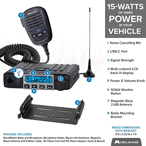 Midland – MXT115 - 15 Watt GMRS MicroMobile Two Way Radio - Off Roading Outdoor RZR Farm, Trails Radio - 8 Repeater Channels Extended Range - External Magnetic Mount Antenna - NOAA Weather Alerts