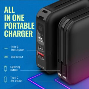 Lazy Pro New 2022 Fast Charger and Plug in Portable Charger 15000mAh | Smart Led Display Fast Charging Built-in Cables Power Bank | 4 Output & 2 Input External Battery Pack Compatible