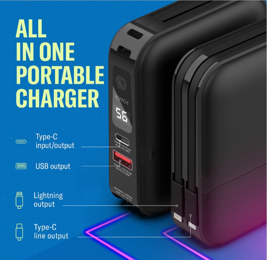 Lazy Pro New 2022 Fast Charger and Plug in Portable Charger 15000mAh | Smart Led Display Fast Charging Built-in Cables Power Bank | 4 Output & 2 Input External Battery Pack Compatible