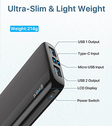 Portable Charger, 12000mAh Dual USB Power Bank with LED Display, Fast Charging Slim External Battery Pack Compatible with iPhone, Samsung Galaxy, Pixel, iPad and More - Black