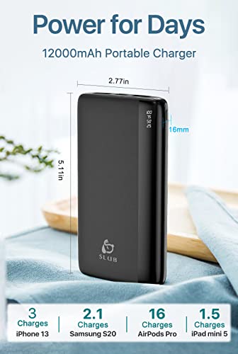 Portable Charger, 12000mAh Dual USB Power Bank with LED Display, Fast Charging Slim External Battery Pack Compatible with iPhone, Samsung Galaxy, Pixel, iPad and More - Black