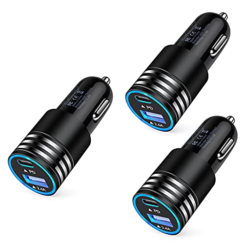 USB C Car Charger, 3Pack [PD 3.0+2.4A] 30W Dual Port Fast Car Charging Lighter Adapter Type C Cigarette Charger Plug for iPhone 14 13 12 11 Pro Max 10 SE XR XS X 8,Samsung S23 S22 S21 S20 A03S A13 A53