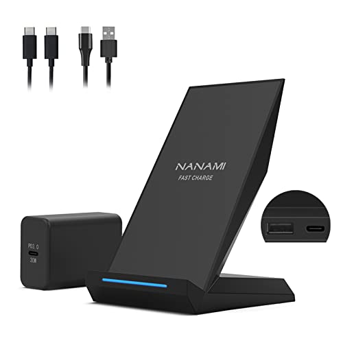 NANAMI 30W Max Wireless Charger, Qi Certified Fast Charging Stand With USB-A Port,Compatible iPhone 14/13/12/11 Pro/XS Max/XR, Galaxy S23/S22/S21/S20/S10/S9,Note 20/10/9(with PD Adapter Phone Charger)