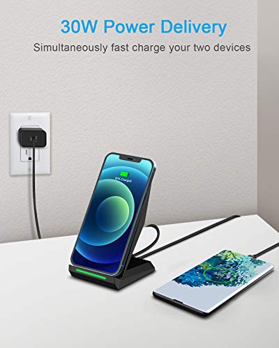 NANAMI 30W Max Wireless Charger, Qi Certified Fast Charging Stand With USB-A Port,Compatible iPhone 14/13/12/11 Pro/XS Max/XR, Galaxy S23/S22/S21/S20/S10/S9,Note 20/10/9(with PD Adapter Phone Charger)