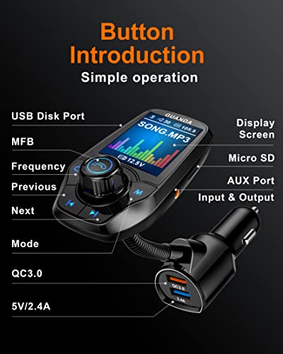 Bluetooth FM Transmitter in-Car Wireless Radio Adapter Kit W 1.8" Color Display Hands-Free Call AUX in/Out SD/TF Card USB Charger QC3.0 for All Smartphones Audio Players - RM100 Black