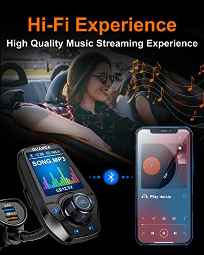 Bluetooth FM Transmitter in-Car Wireless Radio Adapter Kit W 1.8" Color Display Hands-Free Call AUX in/Out SD/TF Card USB Charger QC3.0 for All Smartphones Audio Players - RM100 Black