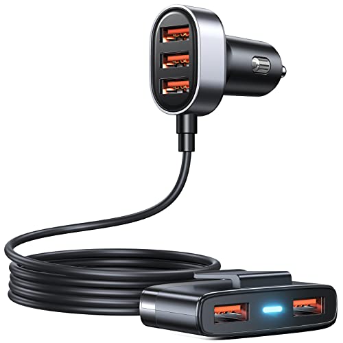 5 Multi USB Car Charger, Car Charger Adapter, USB Car Charger for Multiple Devices, 12V USB Charger Multi Port, Car Charger Cigarette Lighter Adapter USB Charger with 5FT Cable for Back Seat Charging