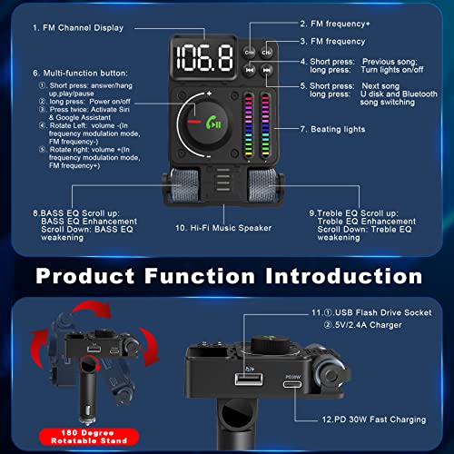 Hamourd Bluetooth Car Adapter - Bluetooth 5.3 FM Transmitter, PD 30W Type C Fast Charge & USB Port, HiFi Treble & Bass Player, Color Screen & Music Light Bar, Support Hands-Free Siri Google Assistant