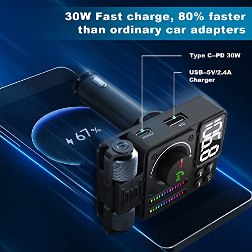 Hamourd Bluetooth Car Adapter - Bluetooth 5.3 FM Transmitter, PD 30W Type C Fast Charge & USB Port, HiFi Treble & Bass Player, Color Screen & Music Light Bar, Support Hands-Free Siri Google Assistant