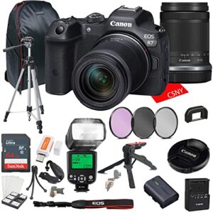 canon eos r7 mirrorless camera w/rf-s 18-150mm f/3.5-6.3 is stm lens + 64gb memory + back pack case + tripod, ttl flash, filters, & more (28pc bundle)
