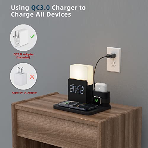 Wireless Charger,3 in 1 Fast Charging Station with Digital Alarm Clock and Night Light,Compatible for iPhone 13/13 Pro/12/12Pro Max/11 Series/XS Mas/XR/XS/8/8 Plus/iwatch/AirPods/Samsung Galaxy