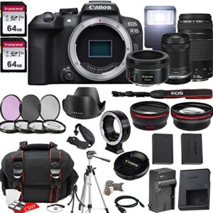 canon eos r10 mirrorless camera w/rf-s 18-150mm f/3.5-6.3 is stm lens + ef 75-300mm f/4-5.6 iii lens + ef 50mm f/1.8 stm lens + 2x 64gb memory + hood + case + filters + tripod & more (35pc bundle)