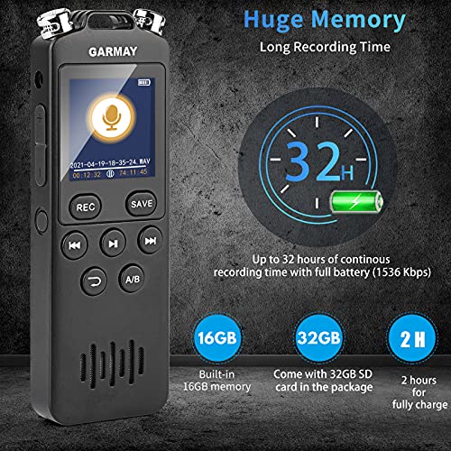 GARMAY Digital Voice Recorder Upgraded 48GB 1536KBPS 3343Hours Recording Capacity 32H Battery Time Voice Activated Recorder with Noise Reduction Audio Recorder with Playback for Meeting Lecture