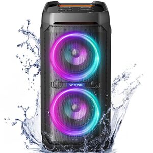 w-king 100w bluetooth speakers v5.3, ipx6 waterproof portable loud speaker with deep bass/110db huge sound/dsp, karaoke outdoor boombox with lights/mic & guitar port/echo/usb port/eq/adapter included