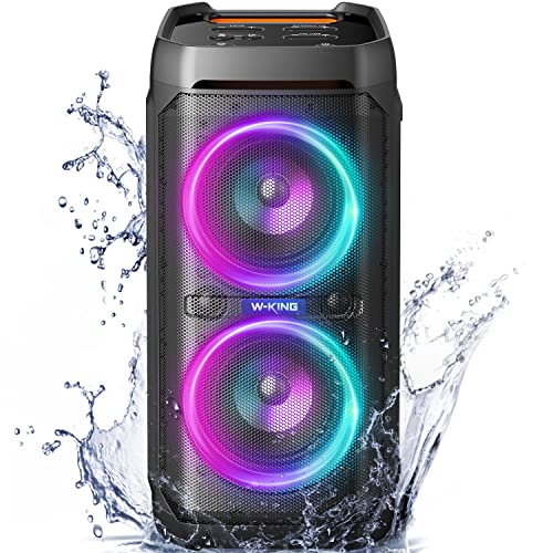 W-KING 100W Bluetooth Speakers V5.3, IPX6 Waterproof Portable Loud Speaker with Deep Bass/110dB Huge Sound/DSP, Karaoke Outdoor Boombox with Lights/Mic & Guitar Port/Echo/USB Port/EQ/Adapter Included