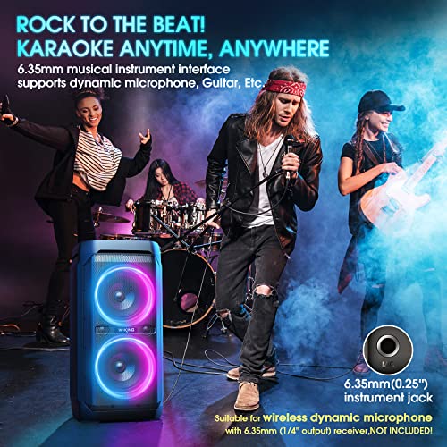 W-KING 100W Bluetooth Speakers V5.3, IPX6 Waterproof Portable Loud Speaker with Deep Bass/110dB Huge Sound/DSP, Karaoke Outdoor Boombox with Lights/Mic & Guitar Port/Echo/USB Port/EQ/Adapter Included