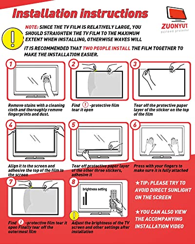 ZUONYUT Anti Glare Film for TV 65 Inch, 65 inch Anti Glare TV Screen Protector, 65 Inch Anti Blue Light Filter,LCD TV Glare Shield, Reduce Reflection and Glare, Matte Surface Anti Scratch and UV