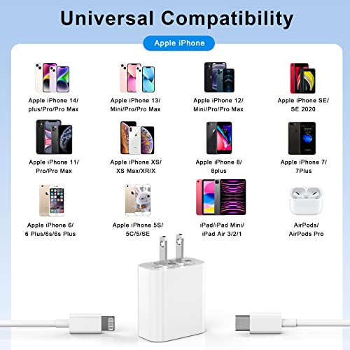 iPhone 14 13 12 Fast Charger, 3 Pack [Apple MFi Certified] PD 20W USB C Wall Charger Fast Charging Block with 10FT Long Type C to Lightning Cable Compatible for iPhone 14 13 12 11 Pro Max XS XR X 8