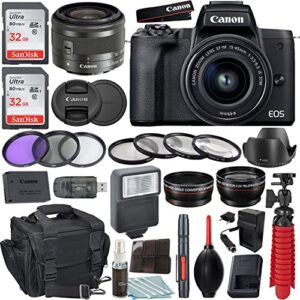 camera bundle for canon eos m50 mark ii mirrorless camera black with ef-m 15-45mm f/3.5-6.3 is stm lens + accessories pack (64gb, gadget case, flash, and more)