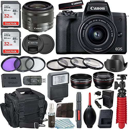 Camera Bundle for Canon EOS M50 Mark II Mirrorless Camera Black with EF-M 15-45mm F/3.5-6.3 is STM Lens + Accessories Pack (64GB, Gadget Case, Flash, and More)