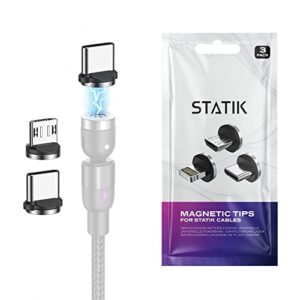 statik magnetic tips – 3 tip connectors that magnetically straps into the charging cable – compatible with all devices – universal and easy to use (pack of 3)