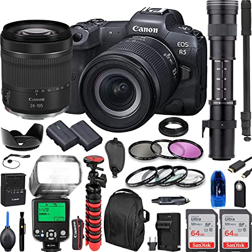 Camera Bundle for Canon EOS R5 Mirrorless Camera with RF 24-105mm f/4-7.1 is STM, 420-800mm f/8 Manual Telephoto Zoom Lens Extra Battery, TTL Flash, 128Gb High Speed Memory Card + Accessories Kit