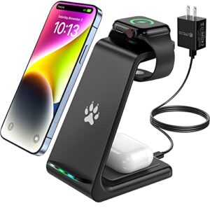 cucicu wireless charger, 3 in 1 wireless charging station compatible with iphone 14/13 pro/13/12/11/pro/se/xs/xr/8 plus,fast wireless charging stand dock for apple watch, airpods 3/2/pro(w/adapter)