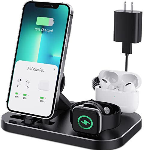 Portable 3 in 1 Charging Station for Apple Products, Foldable Charging Dock for iPhone/AirPodsi Series, Charging Stand Compatible with iWatch Ultra/8/7/6/5/4/3/2/1/SE(with 15W Adapter)(Black)