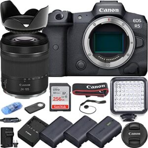camera bundle for canon eos r5 mirrorless camera with rf 24-105mm f/4-7.1 is stm lens, 3 batteries, led light, 256gb high speed memory card + accessories kit