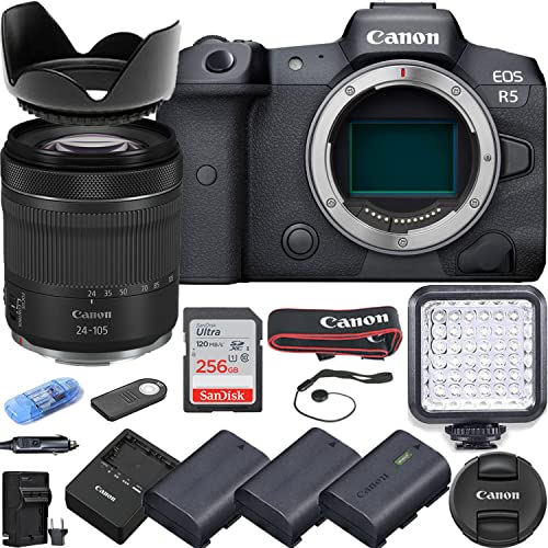 Camera Bundle for Canon EOS R5 Mirrorless Camera with RF 24-105mm f/4-7.1 is STM Lens, 3 Batteries, LED Light, 256Gb High Speed Memory Card + Accessories Kit