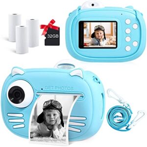 qsyy children’s instant camera 40mp dual lens 2.4 inch screen 32g memory card 33 rolls of printing paper colored pencil backpack lanyard,blue