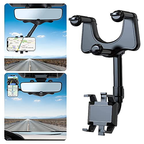 VAGURFO Rear View Mirror Phone Holder Mount,Multifunctional 360° Rear View Mirror Phone Holder with Swivel and Adjustable Clips,Universal Smartphone Cradle, Black