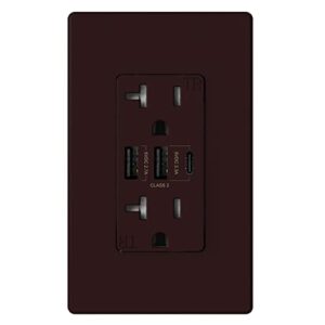elegrp 30w 6.0 amp 3-port usb wall outlet, 20 amp receptacle with usb type c & type a ports, usb charger for iphone/ipad/samsung/lg/htc/android devices, ul listed, w/ wall plate, 1 pack, matte brown
