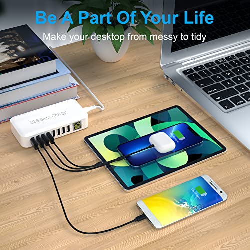 USB Charging Station, Ziwodiv 8-Port 60W/12A USB Charger Station, Multi Ports USB-A Charging Hub with LED Display, Compact Desktop Charger for Multiple Devices, iPhone iPad Samsung Android and Tablet