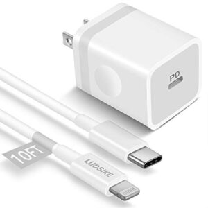10ft iphone 14 13 12 fast charger [mfi certified], luosike 20w usb c charger block pd wall plug with 10foot long usb-c to lightnings cable for iphone 14/13/12/pro max/mini/11/xs/xr/x/8, airpods, ipad